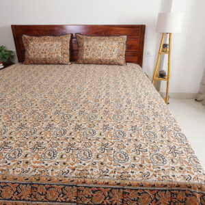 Ivory and Harda Yellow Floral : Hand Block Printed Cotton Bedsheet with Pillow Covers, King 108" x 108", Natural Dyes