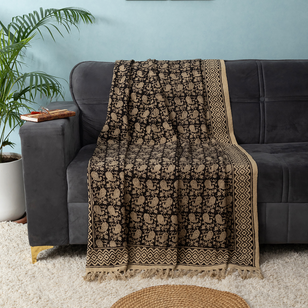 Black Paisley Hand Block Printed Cotton Throw with Zigzag Border and Fringe, 50″ x 70″ - Image 4