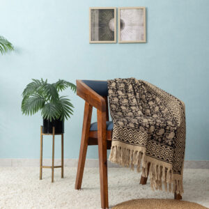 Black Paisley Hand Block Printed Cotton Throw with Zigzag Border and Fringe, 50″ x 70″