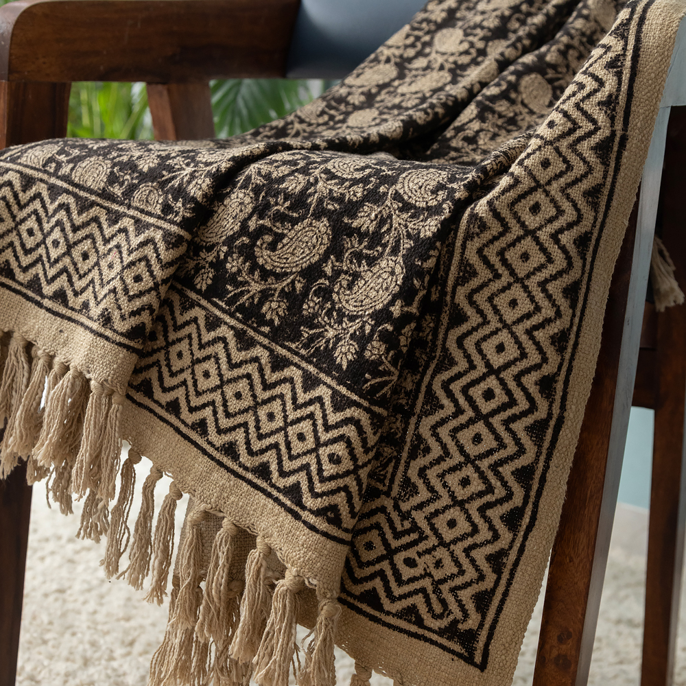 Black Paisley Hand Block Printed Cotton Throw with Zigzag Border and Fringe, 50″ x 70″ - Image 3