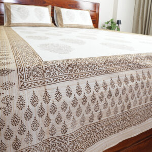 Sand Paisley Buta : Hand Block Printed White Cotton Bedsheet with Pillow Covers, Queen 90″ x 108″