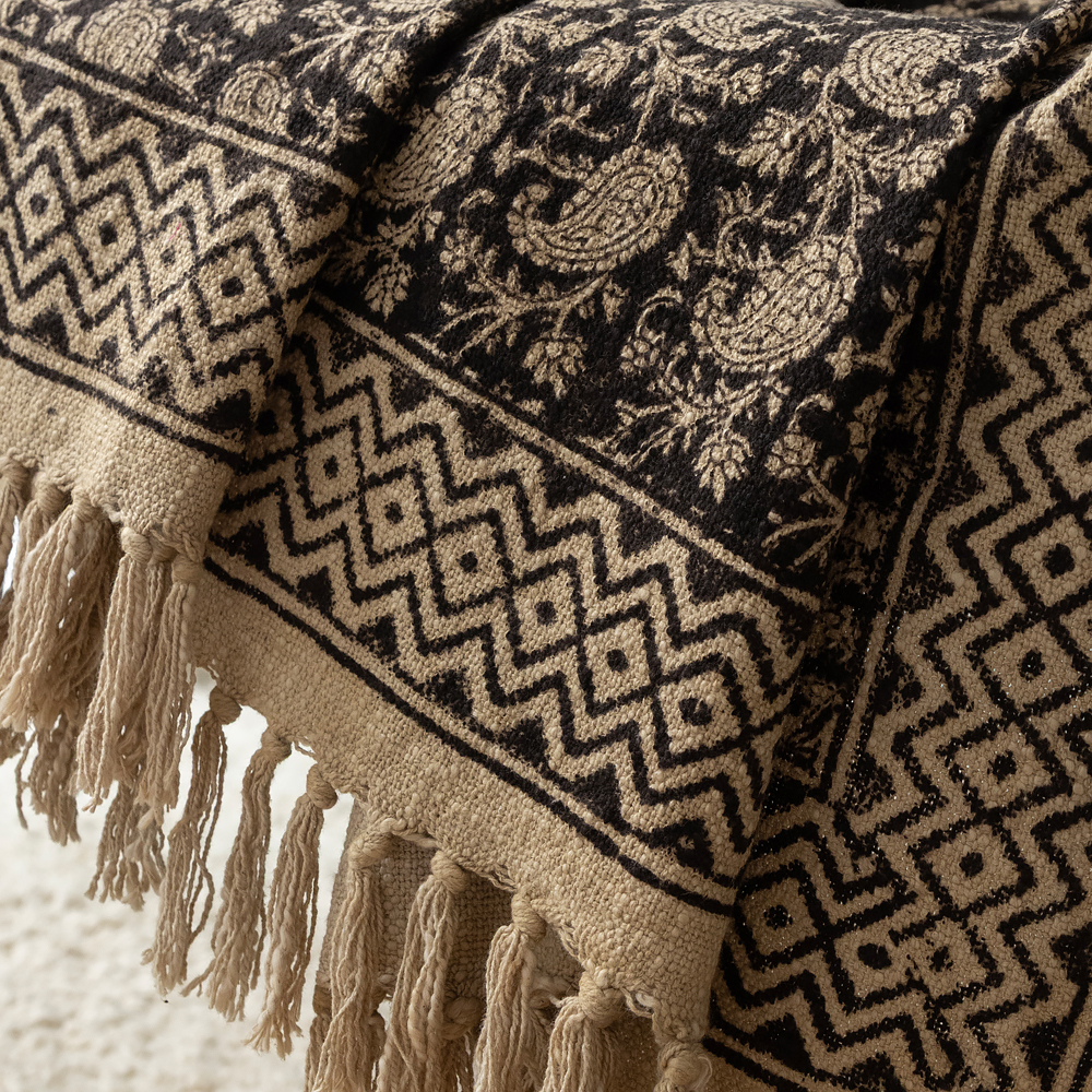 Black Paisley Hand Block Printed Cotton Throw with Zigzag Border and Fringe, 50″ x 70″ - Image 2
