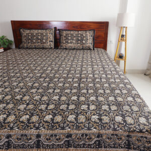 Black and Ivory Floral Tile : Hand Block Printed Cotton Bedsheet with Pillow Covers, King 108" x 108", Natural Dyes