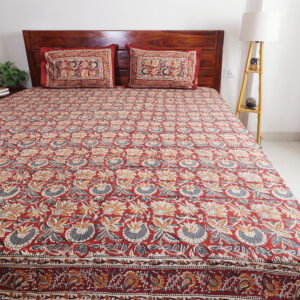 Madder Red Garden Floral : Hand Block Printed Cotton Bedsheet with Pillow Covers, King 108" x 108", Natural Dyes