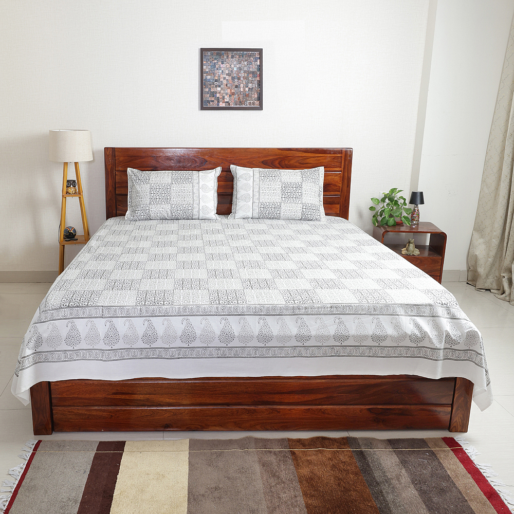 Grey Block Tile Hand Block Printed Cotton Percale Bedsheet with Pillow Covers, Queen 90″ x 108″ - Image 2