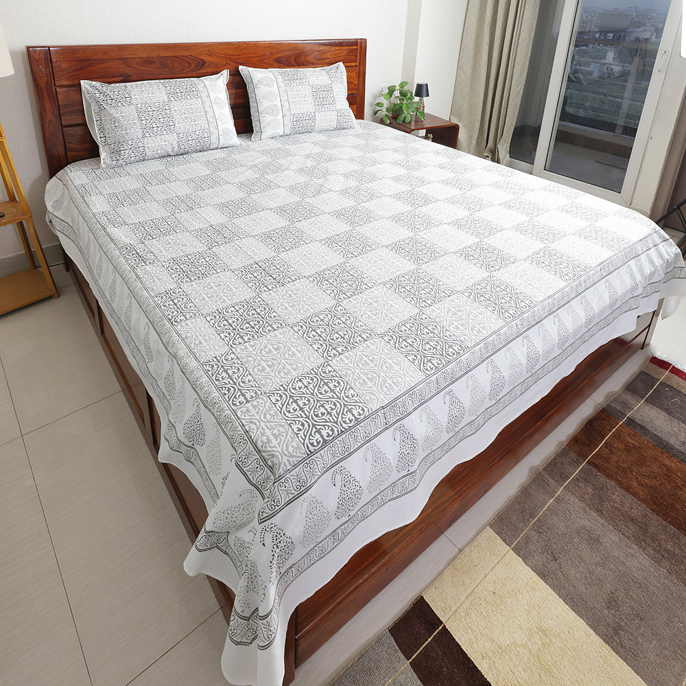 Grey Block Tile Hand Block Printed Cotton Percale Bedsheet with Pillow Covers, Queen 90″ x 108″ - Image 3