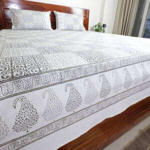 Grey Block Tile Hand Block Printed Cotton Percale Bedsheet with Pillow Covers, Queen 90″ x 108″