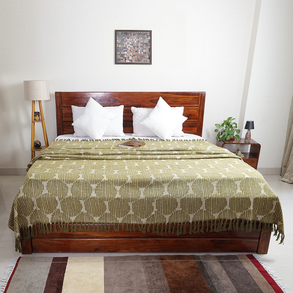Olive Geometric: Hand Block Printed Cotton Jute (TNT) Bedcover, 108" x 108"