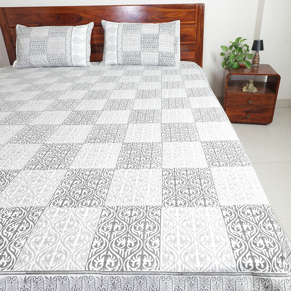 Grey Block Tile Hand Block Printed Cotton Percale Bedsheet with Pillow Covers, Queen 90″ x 108″ - Image 4