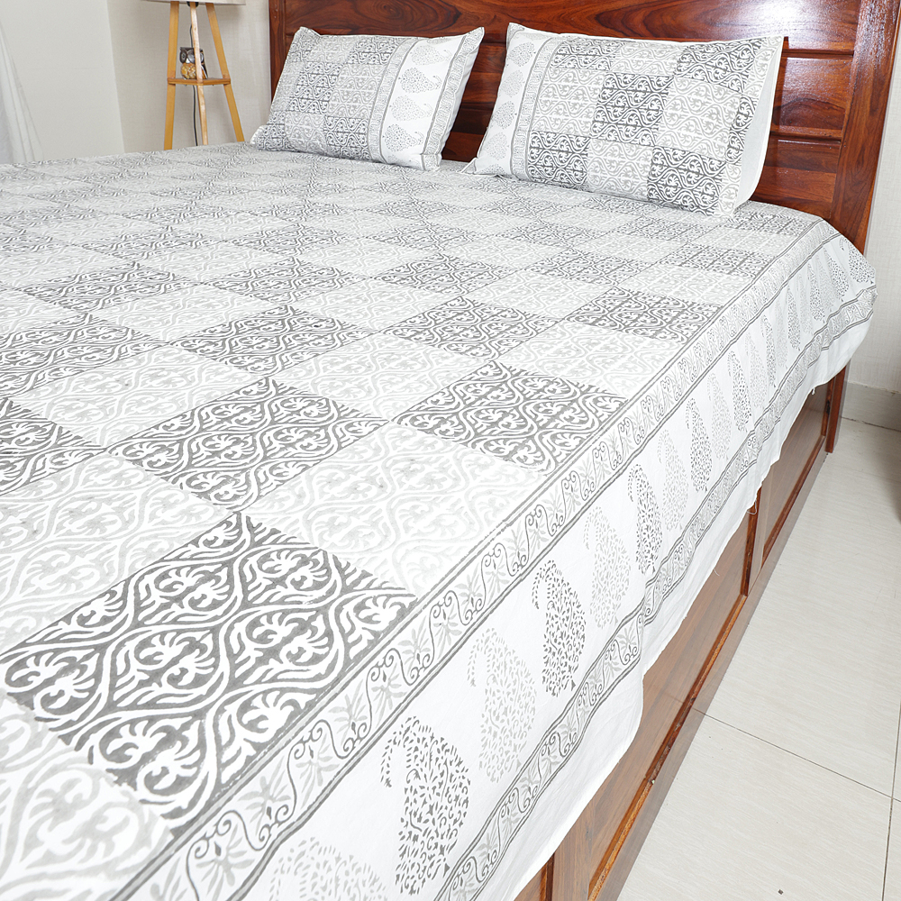 Grey Block Tile Hand Block Printed Cotton Percale Bedsheet with Pillow Covers, Queen 90″ x 108″ - Image 5