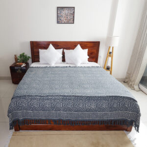 Slate Grey Geometric: Hand Block Printed Cotton Jute (TNT) Bedcover, 108" x 108"