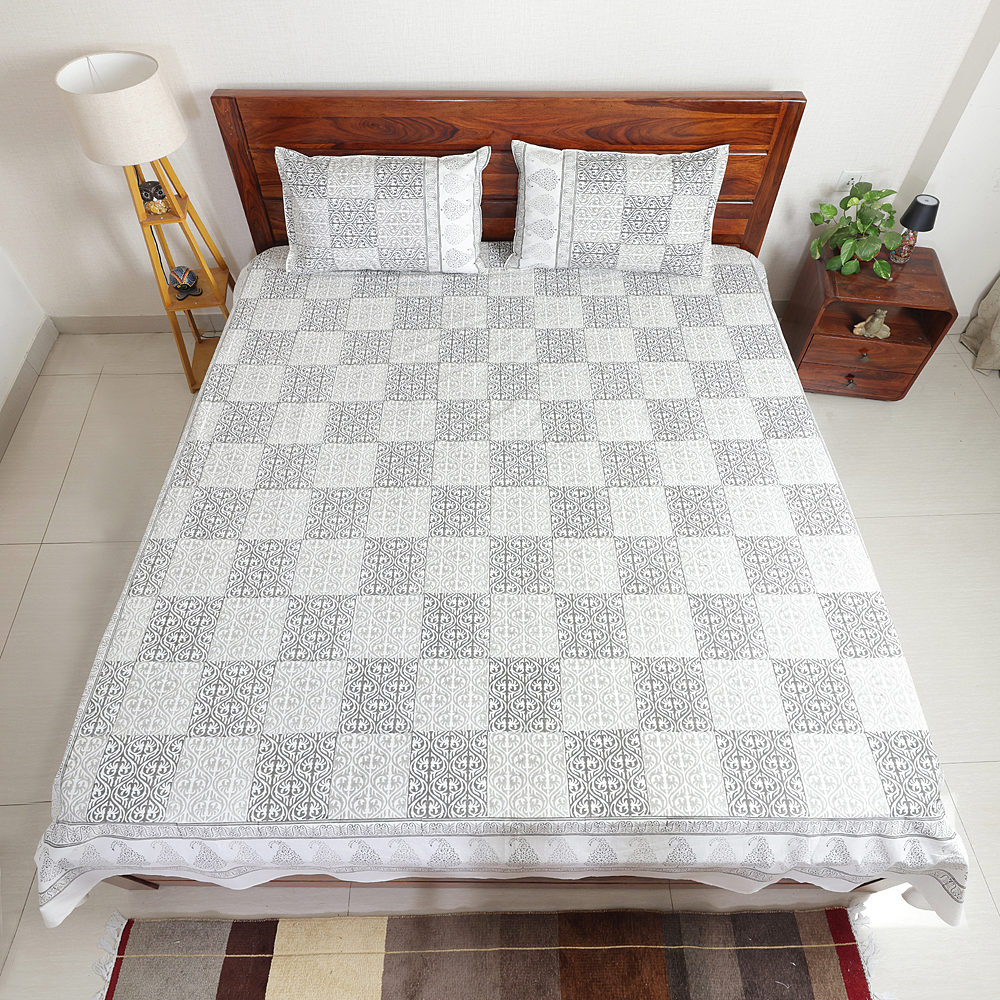 Grey Block Tile Hand Block Printed Cotton Percale Bedsheet with Pillow Covers, Queen 90″ x 108″ - Image 6