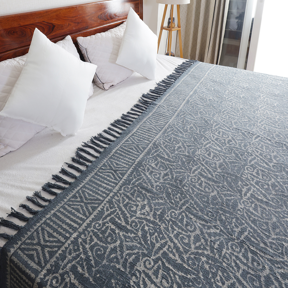 Slate Grey Geometric: Hand Block Printed Cotton Jute (TNT) Bedcover, 108" x 108" - Image 2