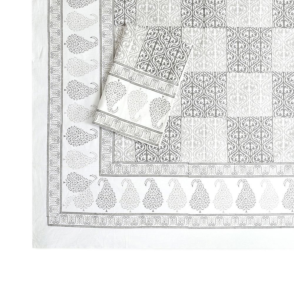 Grey Block Tile Hand Block Printed Cotton Percale Bedsheet with Pillow Covers, Queen 90″ x 108″ - Image 7