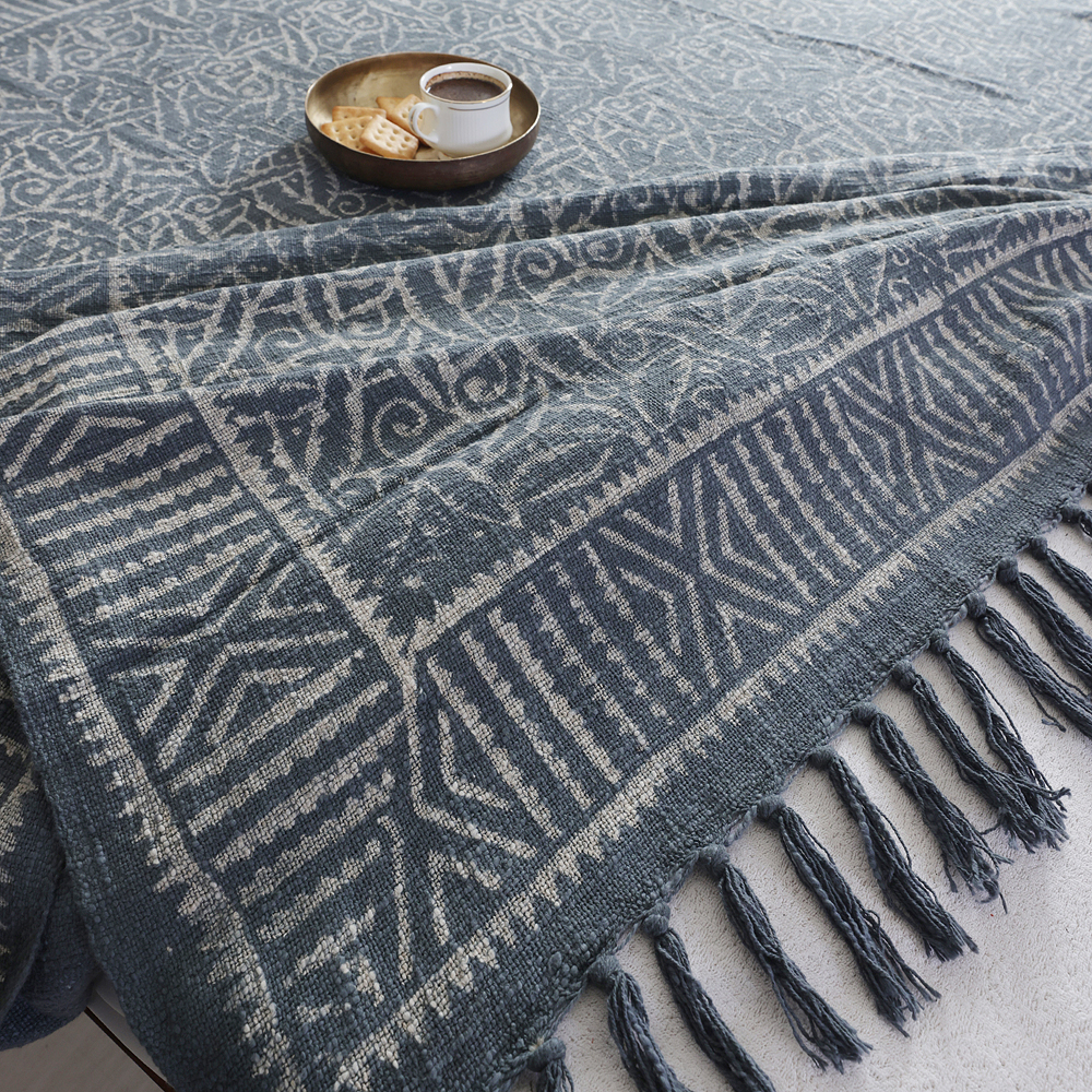 Slate Grey Geometric: Hand Block Printed Cotton Jute (TNT) Bedcover, 108" x 108" - Image 3