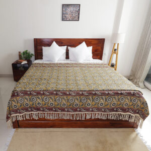 Mustard Floral with Maroon Vine Border: Hand Block Printed Cotton Jute (TNT) Bedcover, 108" x 108"