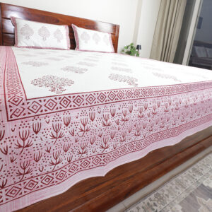 Rose Pink Floral Buta : Hand Block Printed White Cotton Bedsheet with Pillow Covers, Queen 90″ x 108″