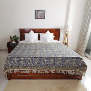 Navy Leaf Jaal: Hand Block Printed Cotton Jute (TNT) Bedcover, 108" x 108"