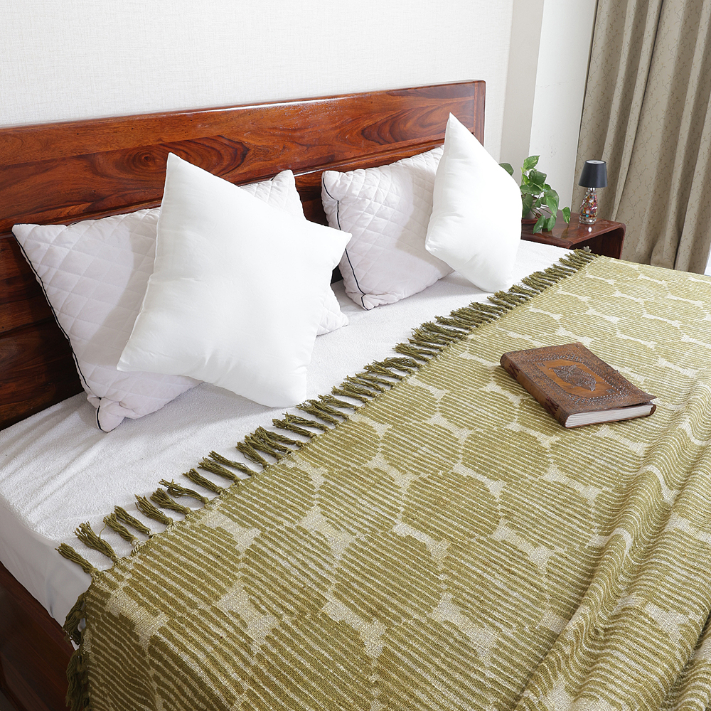Olive Geometric: Hand Block Printed Cotton Jute (TNT) Bedcover, 108" x 108" - Image 2