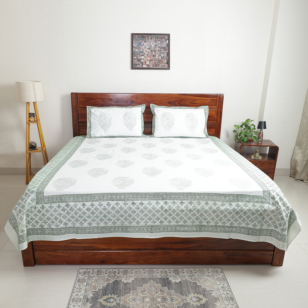 Sage Green Buta : Hand Block Printed White Cotton Bedsheet with Pillow Covers, Queen 90″ x 108″ - Image 2