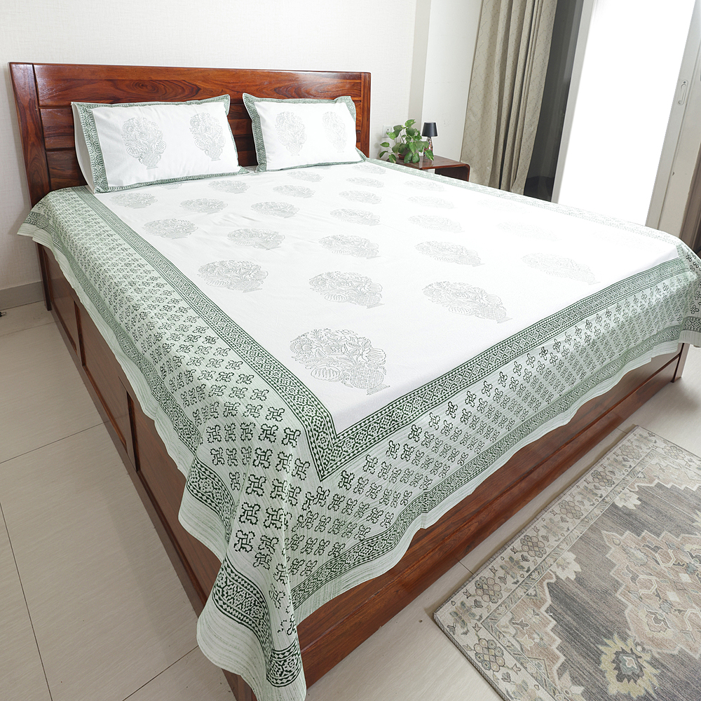 Sage Green Buta : Hand Block Printed White Cotton Bedsheet with Pillow Covers, Queen 90″ x 108″ - Image 3
