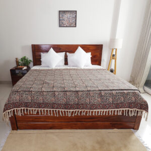 Maroon Floral Tile: Hand Block Printed Cotton Jute (TNT) Bedcover, 108" x 108"