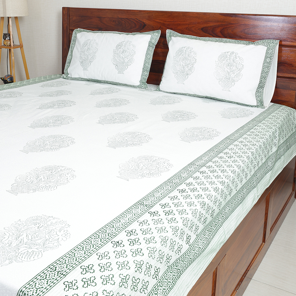 Sage Green Buta : Hand Block Printed White Cotton Bedsheet with Pillow Covers, Queen 90″ x 108″ - Image 5
