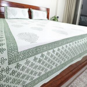 Sage Green Buta : Hand Block Printed White Cotton Bedsheet with Pillow Covers, Queen 90″ x 108″