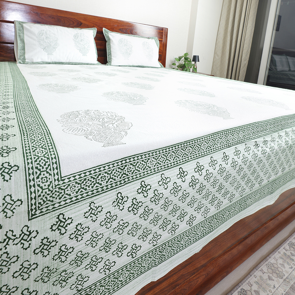 Sage Green Buta : Hand Block Printed White Cotton Bedsheet with Pillow Covers, Queen 90″ x 108″
