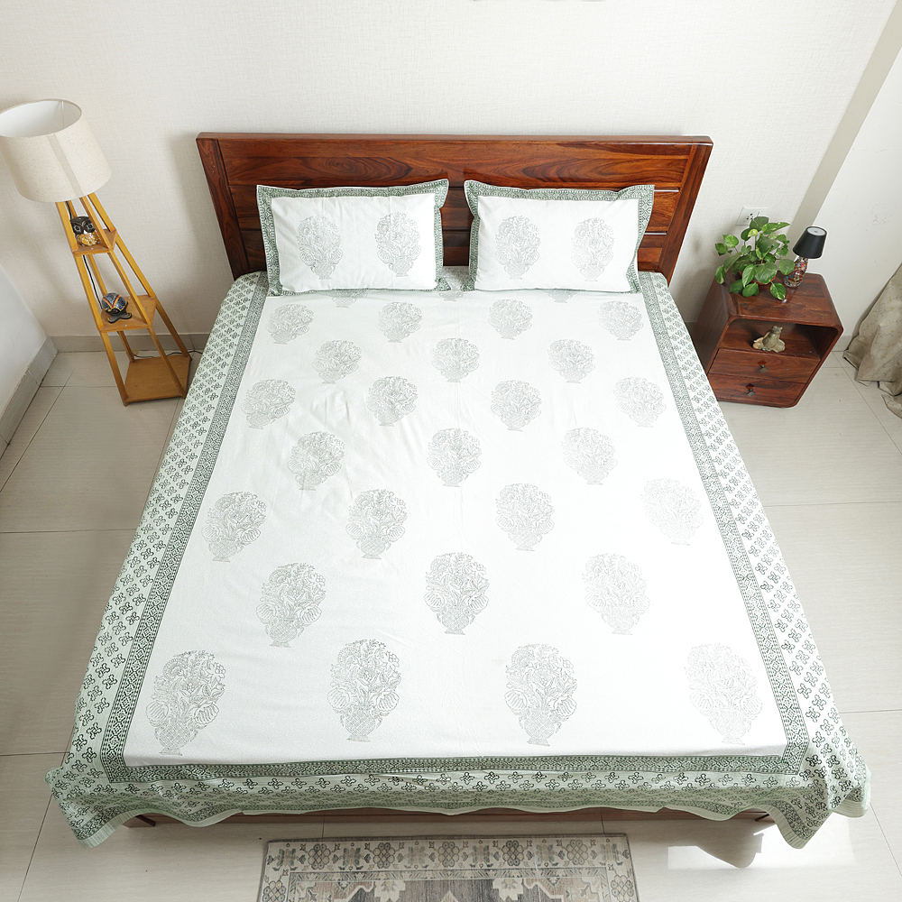 Sage Green Buta : Hand Block Printed White Cotton Bedsheet with Pillow Covers, Queen 90″ x 108″ - Image 6