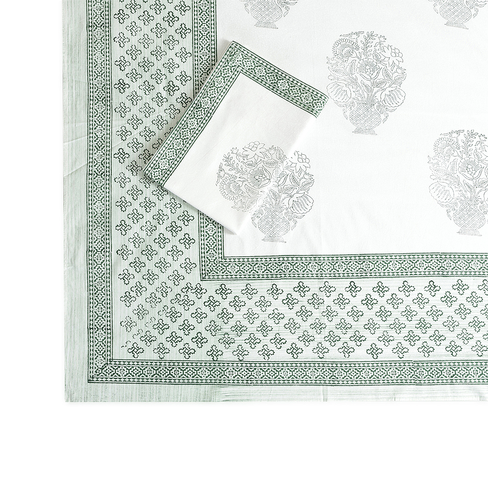 Sage Green Buta : Hand Block Printed White Cotton Bedsheet with Pillow Covers, Queen 90″ x 108″ - Image 7