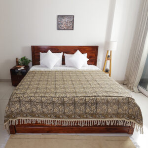 Sand Floral Tile: Hand Block Printed Cotton Jute (TNT) Bedcover, 108" x 108"