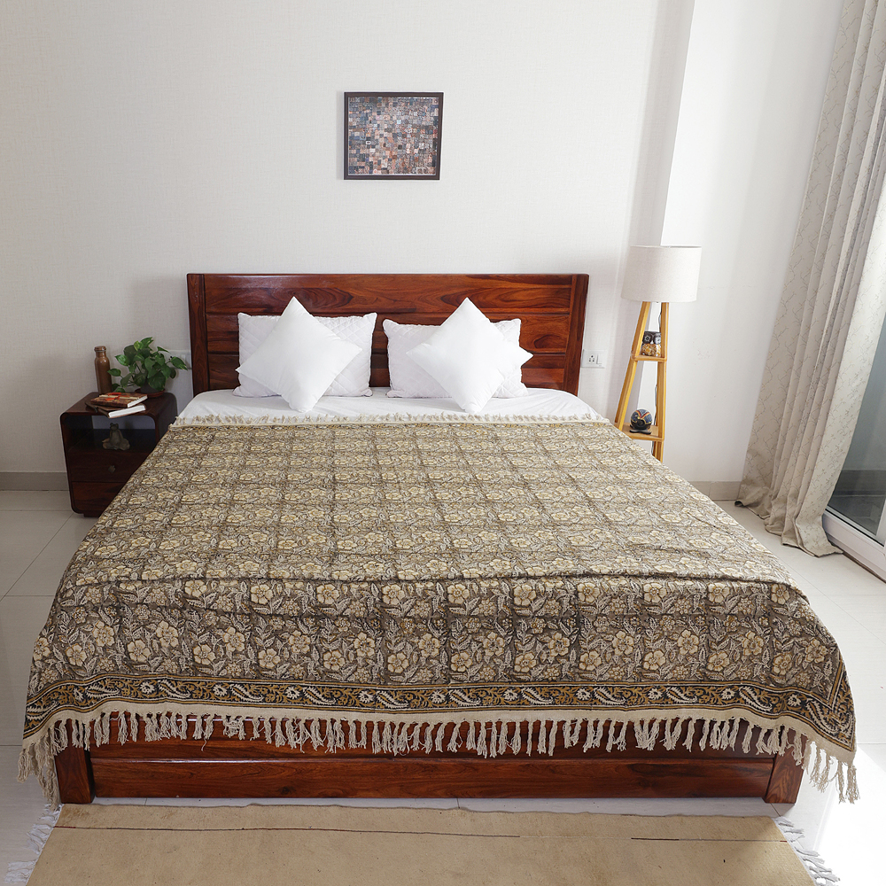 Sand Floral Tile: Hand Block Printed Cotton Jute (TNT) Bedcover, 108" x 108"