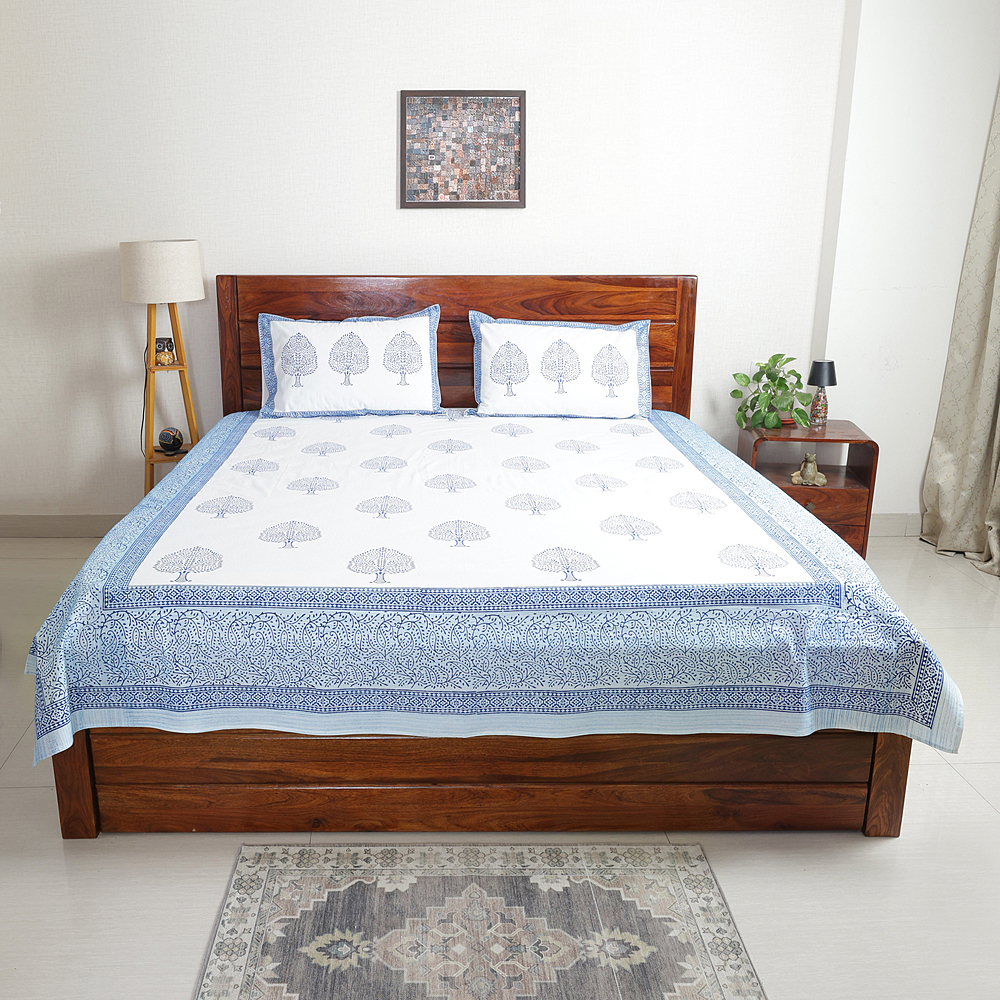 Blue Tree of Life : Hand Block Printed White Cotton Bedsheet with Pillow Covers, Queen 90″ x 108″ - Image 2