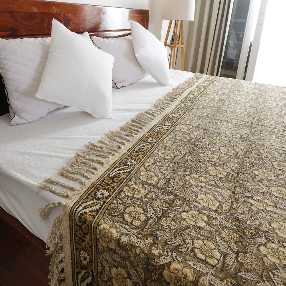 Sand Floral Tile: Hand Block Printed Cotton Jute (TNT) Bedcover, 108" x 108" - Image 2