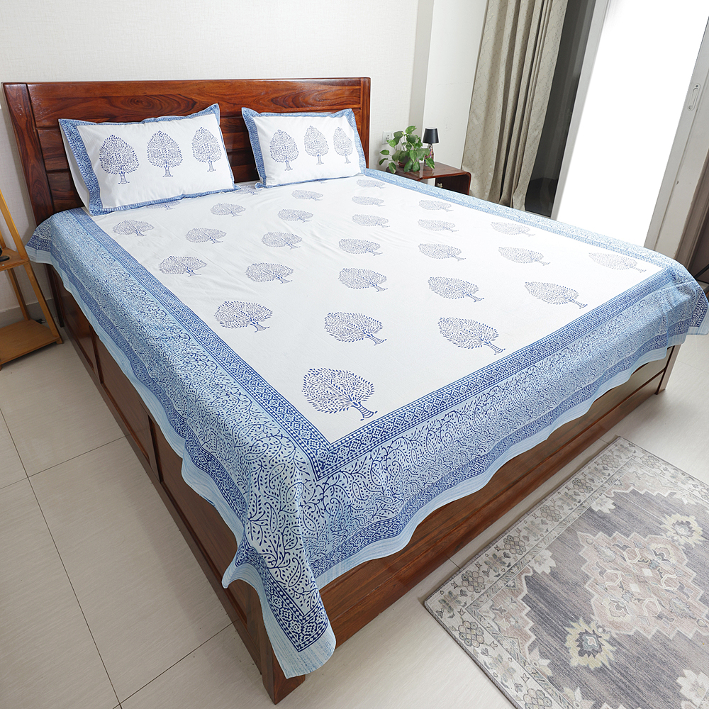 Blue Tree of Life : Hand Block Printed White Cotton Bedsheet with Pillow Covers, Queen 90″ x 108″ - Image 3