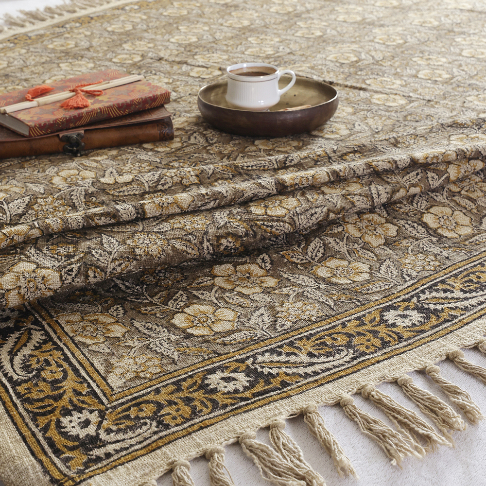 Sand Floral Tile: Hand Block Printed Cotton Jute (TNT) Bedcover, 108" x 108" - Image 3