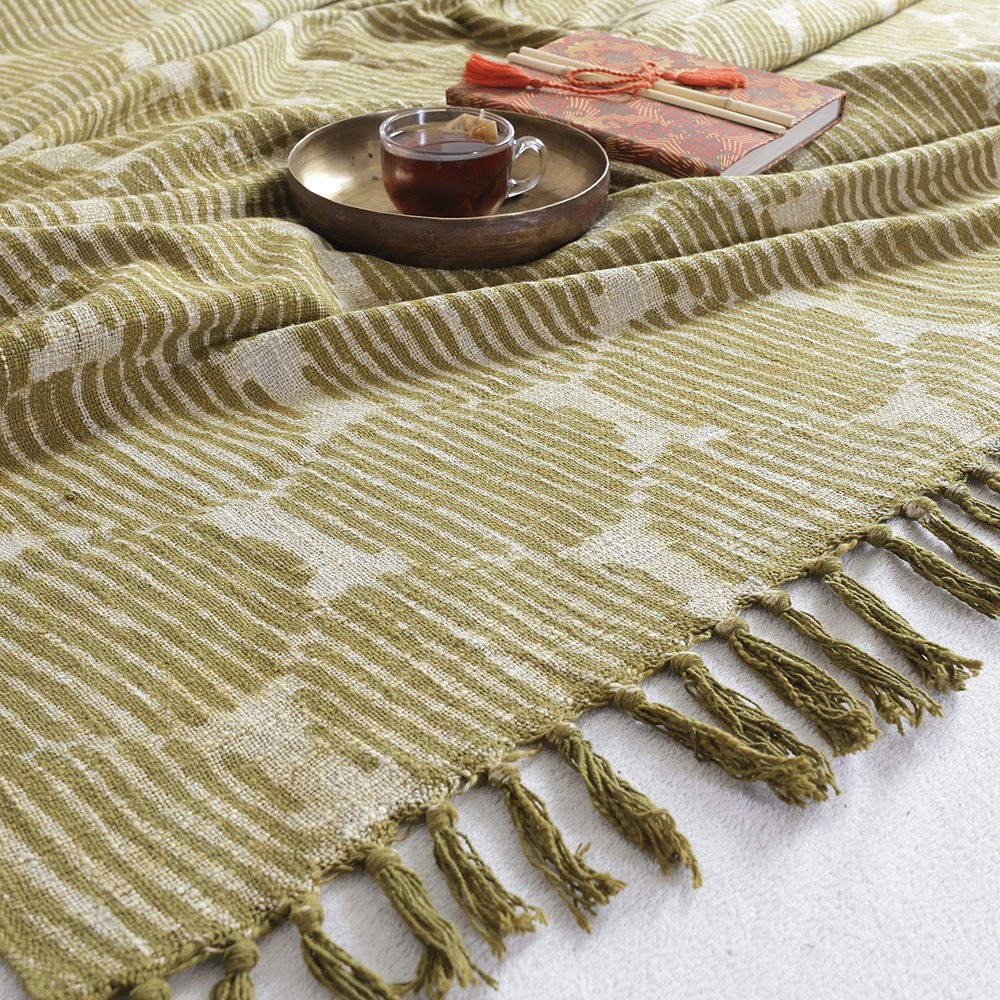 Olive Geometric: Hand Block Printed Cotton Jute (TNT) Bedcover, 108" x 108" - Image 3