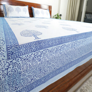 Blue Tree of Life : Hand Block Printed White Cotton Bedsheet with Pillow Covers, Queen 90″ x 108″