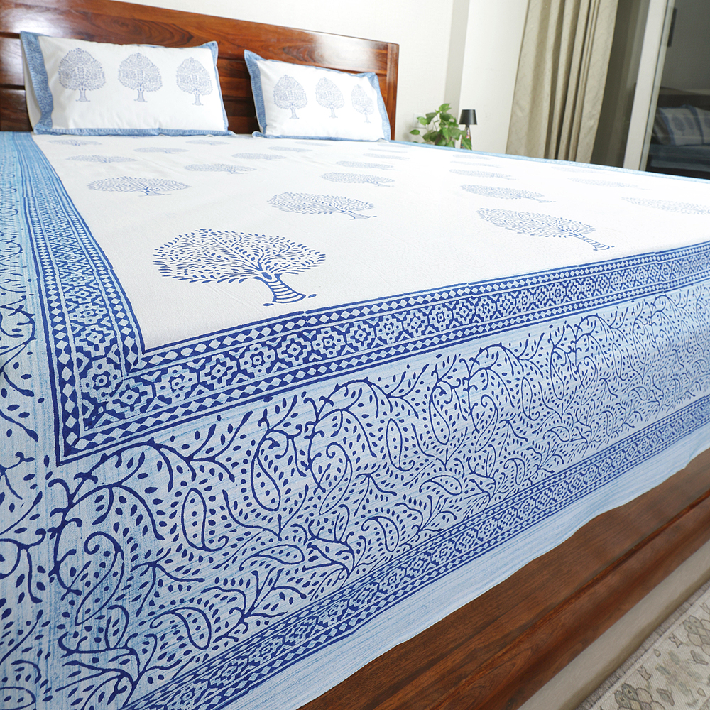 Blue Tree of Life : Hand Block Printed White Cotton Bedsheet with Pillow Covers, Queen 90″ x 108″