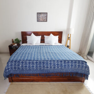 Indigo Floral: Hand Block Printed Cotton Jute (TNT) Bedcover, 108" x 108"