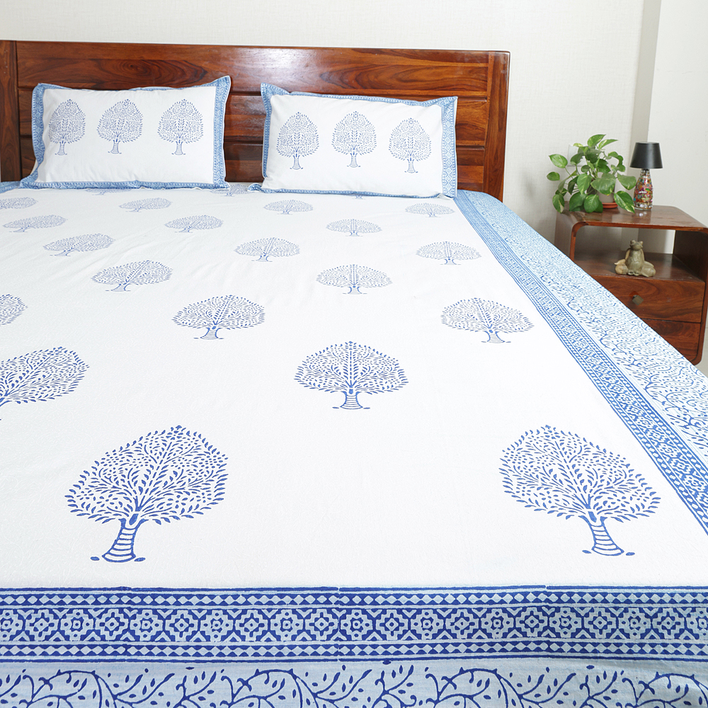 Blue Tree of Life : Hand Block Printed White Cotton Bedsheet with Pillow Covers, Queen 90″ x 108″ - Image 4