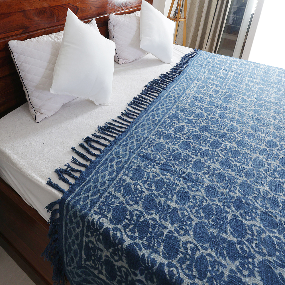 Indigo Floral: Hand Block Printed Cotton Jute (TNT) Bedcover, 108" x 108" - Image 2