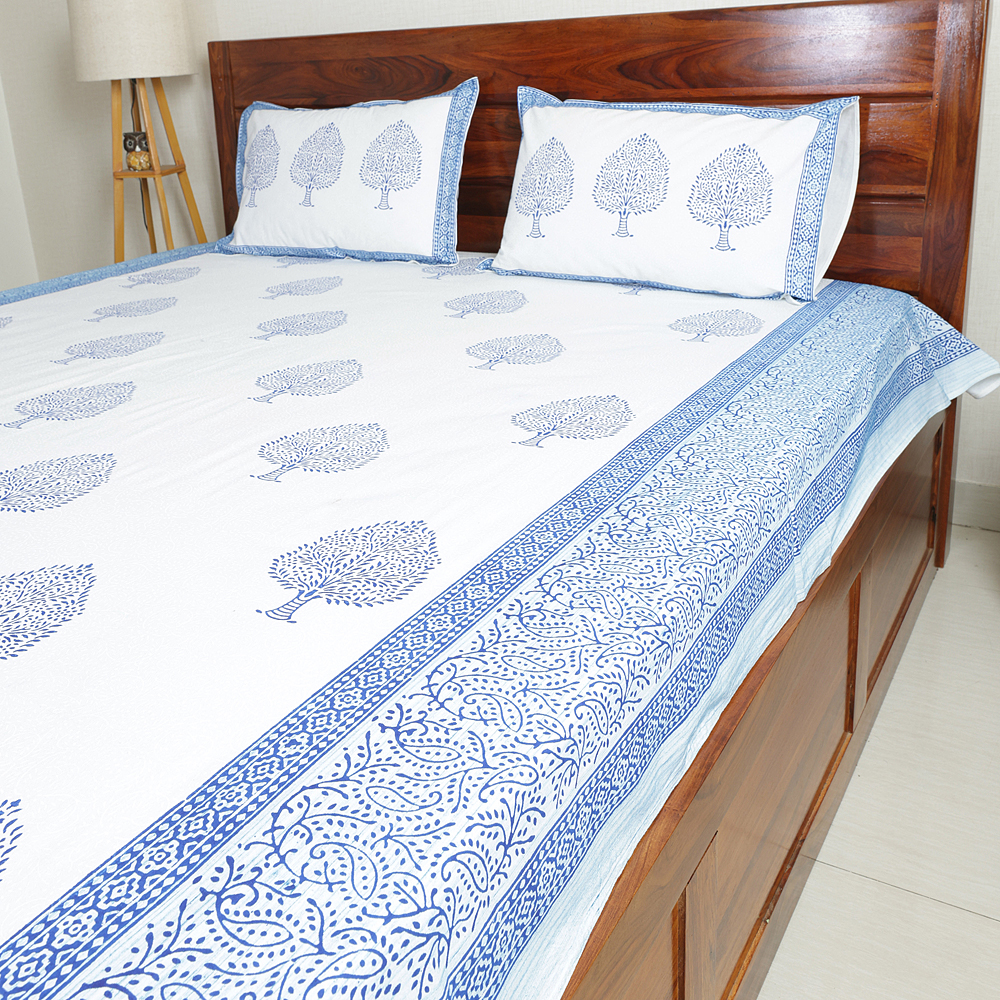 Blue Tree of Life : Hand Block Printed White Cotton Bedsheet with Pillow Covers, Queen 90″ x 108″ - Image 5