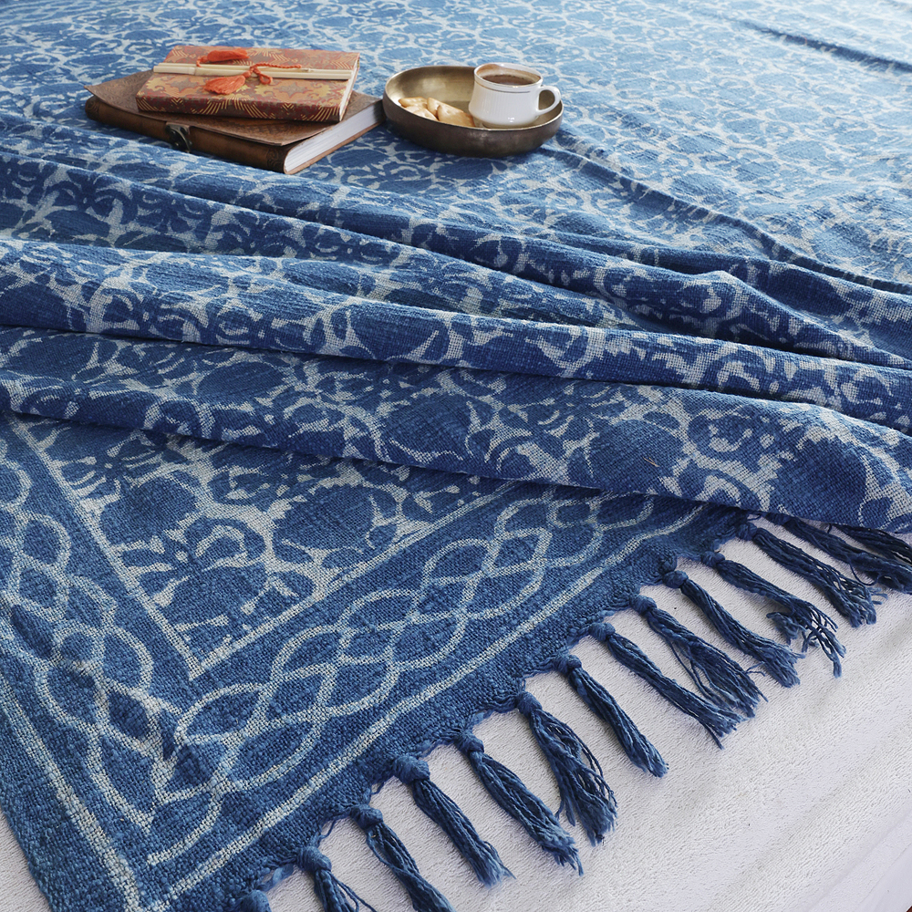 Indigo Floral: Hand Block Printed Cotton Jute (TNT) Bedcover, 108" x 108" - Image 3