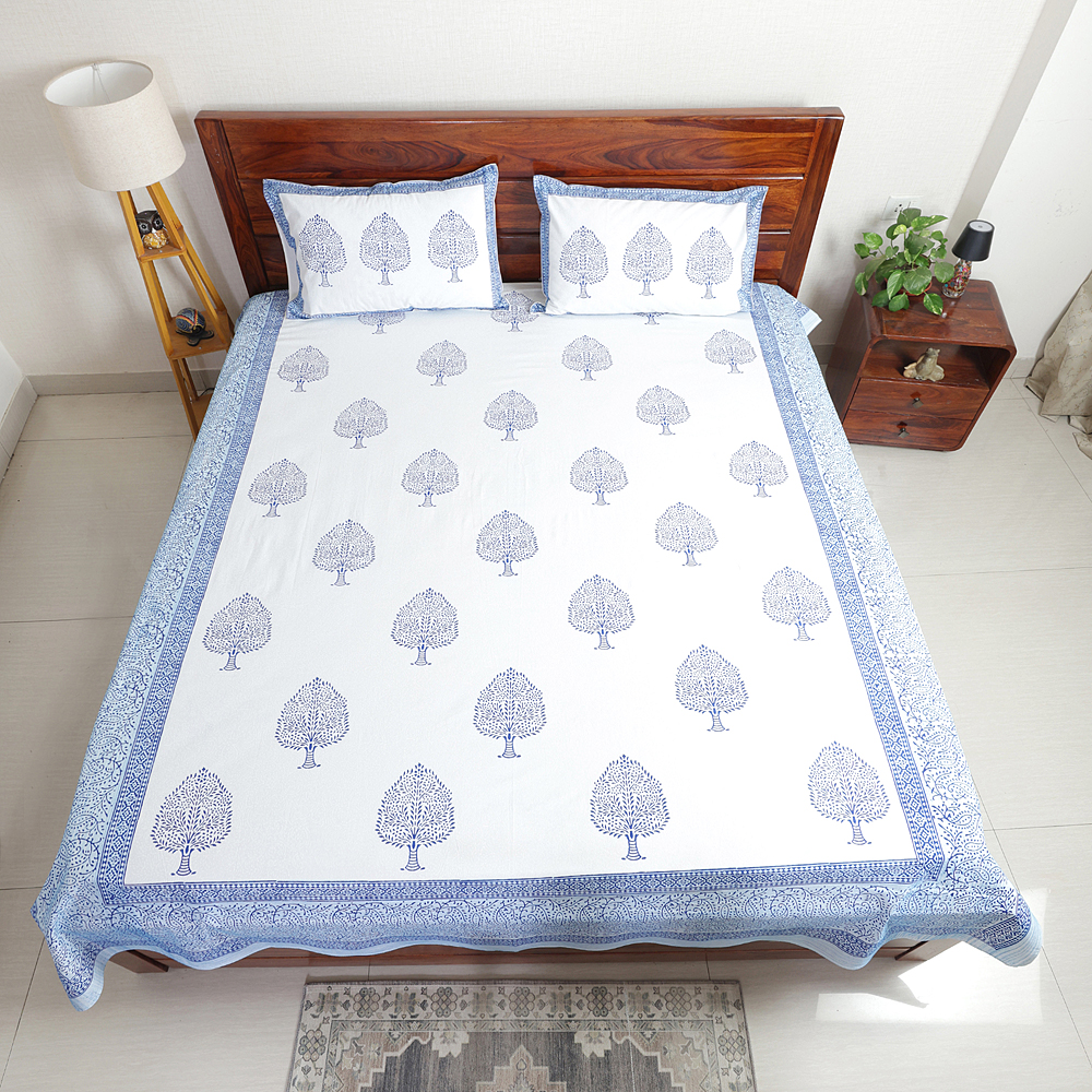 Blue Tree of Life : Hand Block Printed White Cotton Bedsheet with Pillow Covers, Queen 90″ x 108″ - Image 6