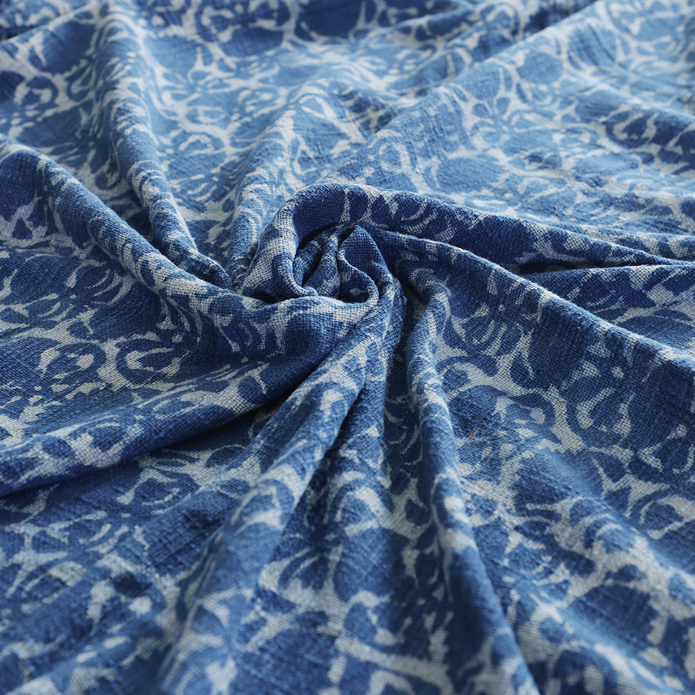 Indigo Floral: Hand Block Printed Cotton Jute (TNT) Bedcover, 108" x 108" - Image 4