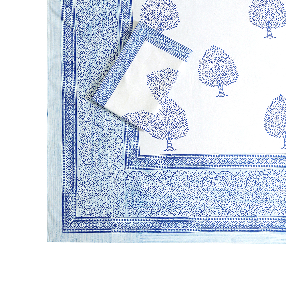 Blue Tree of Life : Hand Block Printed White Cotton Bedsheet with Pillow Covers, Queen 90″ x 108″ - Image 7