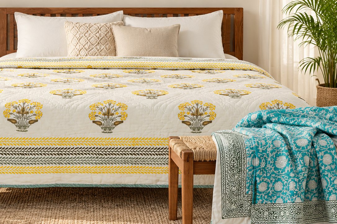 Yellow and grey floral posy hand block printed cotton quilt on a wooden bed, with a turquoise block printed throw