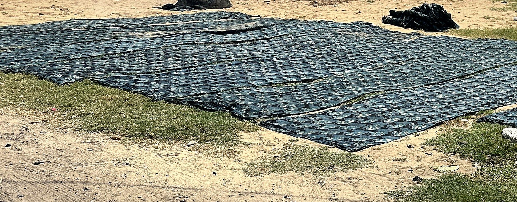 Hand printed cotton lengths spread out to dry in the sun on open ground in Rajasthan